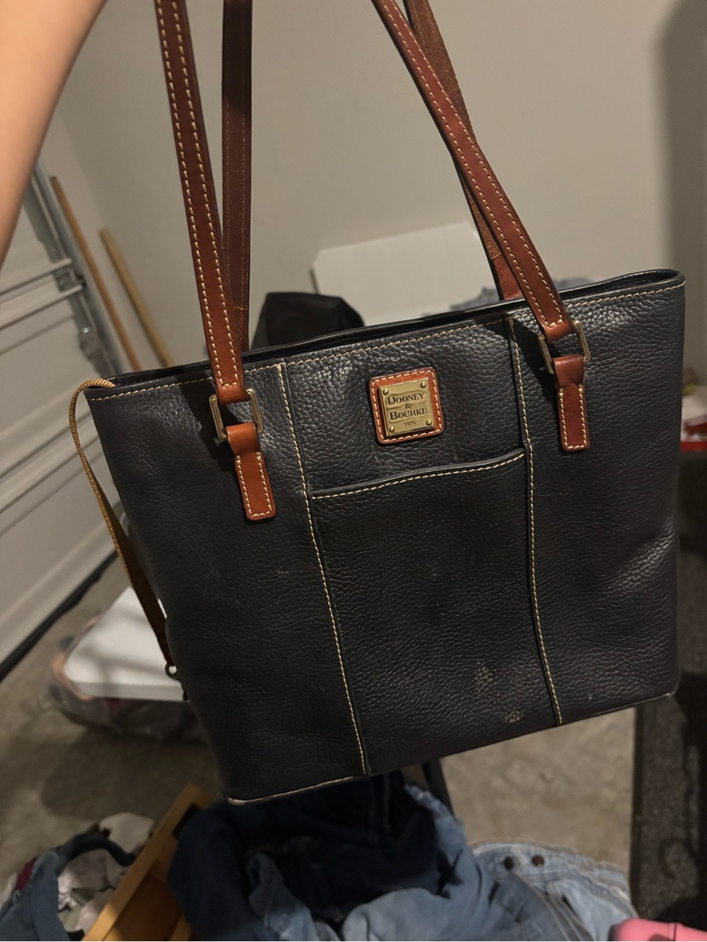 Dooney & Bourke Black Leather Tote with Brown Trim and Gold Accent